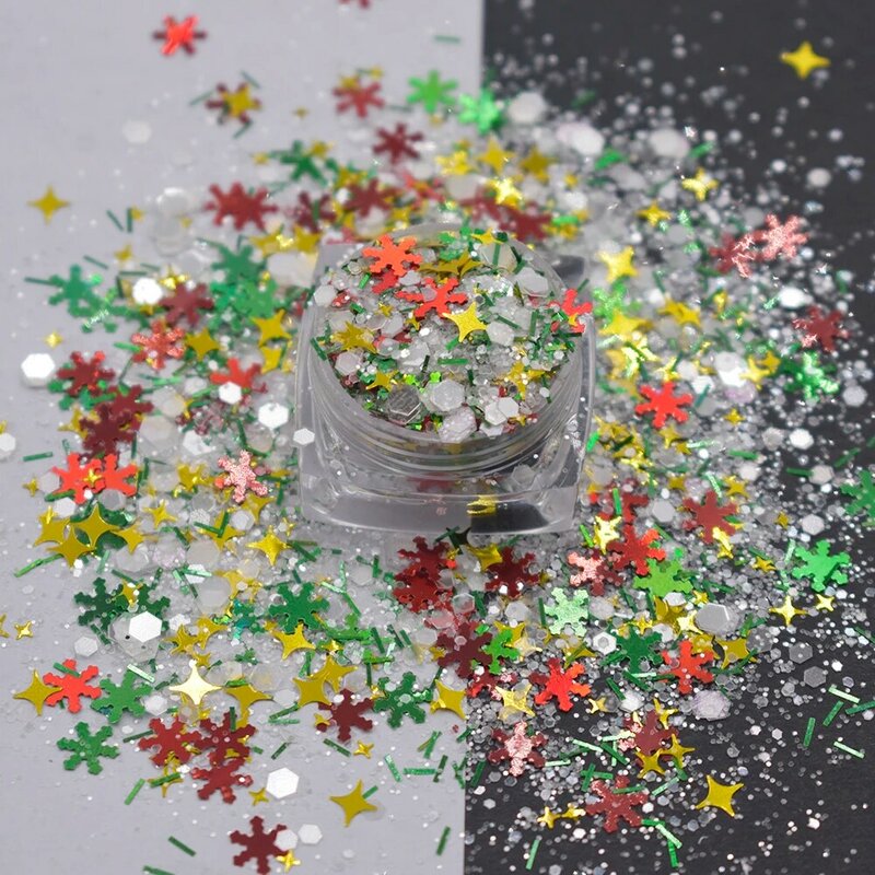 DIY 믹스 크리스마스 네일 아트 글리터 다채로운 멀티 모양 눈송이 스팽글, 육각형 조각 매니큐어 장식, 10 g/bag