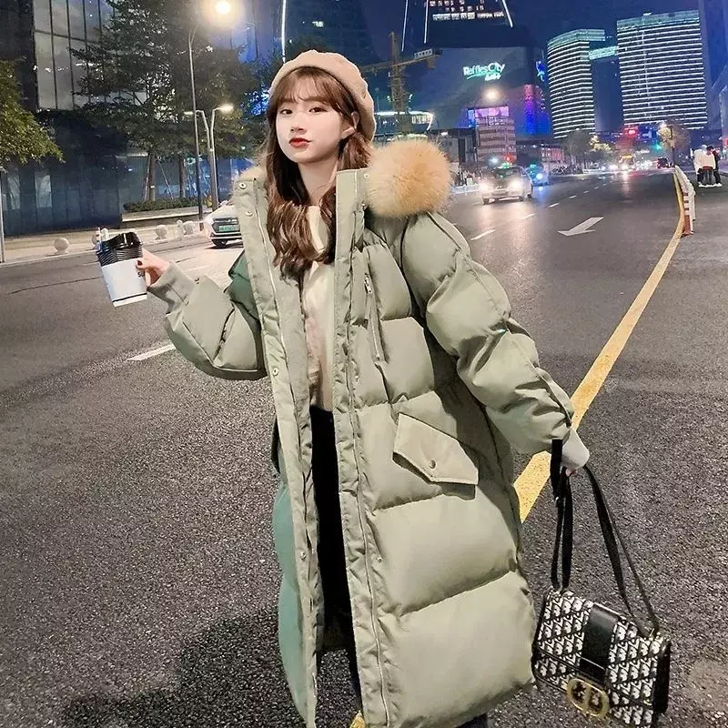 Jaket parka tebal berkerudung wanita, mantel bulu besar longgar R239 Musim Dingin 2024