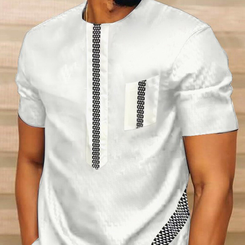 Camisa blanca estampada tradicional para hombre, de manga corta Camisetas largas Dashiki, ropa informal africana, 2023