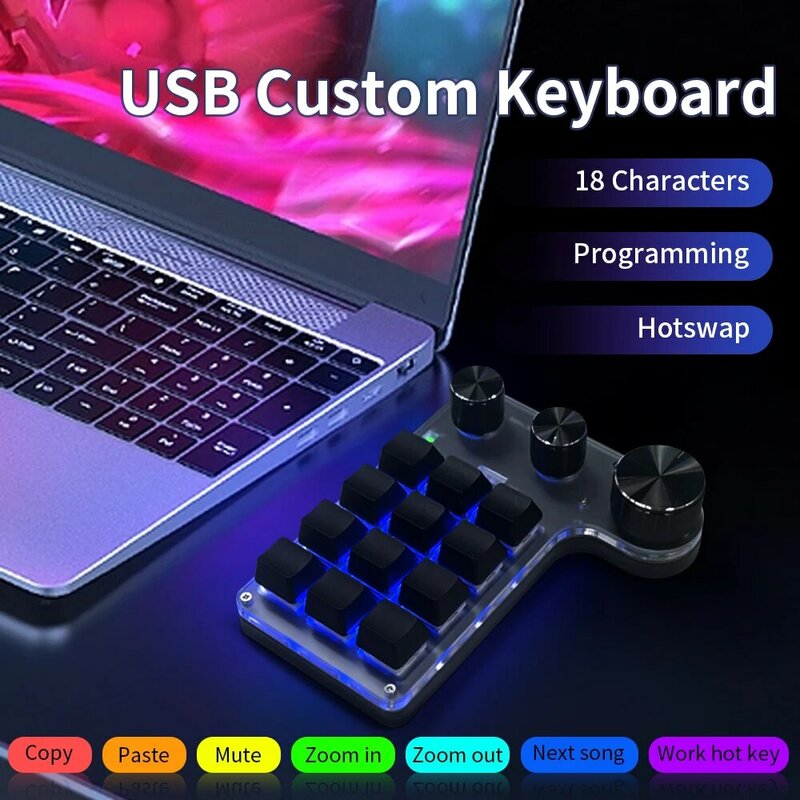 Ammtoo Programming Macro Custom Keyboard 12 Key 3 Knobs RGB 18 Character One Key Password Copy Paste Mechanical Hotswap Keypad