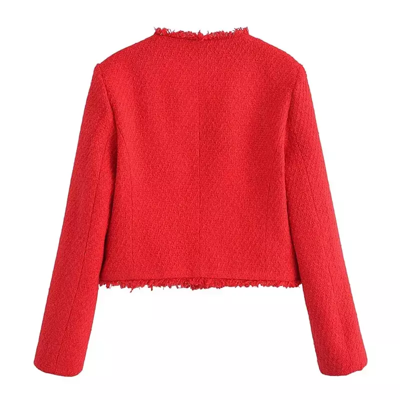 TRAF 2024 czerwony krótka kurtka dla kobiet przycięte tweedowa kurtka kobieta z długim rękawem eleganckie kurtki damskie jesienne krótkie płaszcze