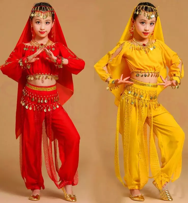 Children Belly Dance Costumes for Girls Oriental Indian Stage Dancing Costumes Set 4PCS(Top Shirt+Head Scarf+Waist Chain+Pant)