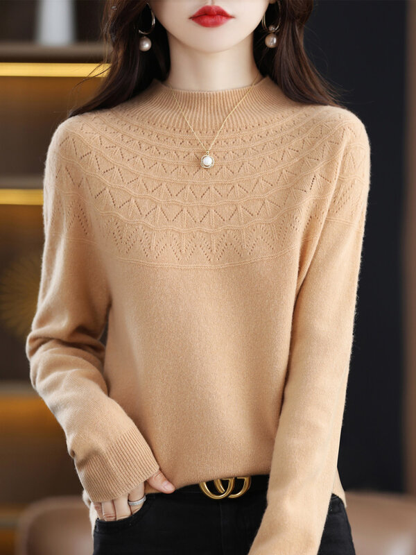 Suéter de lana de cuello alto para mujer, suéter de cachemira, camisa interior de fondo, 100