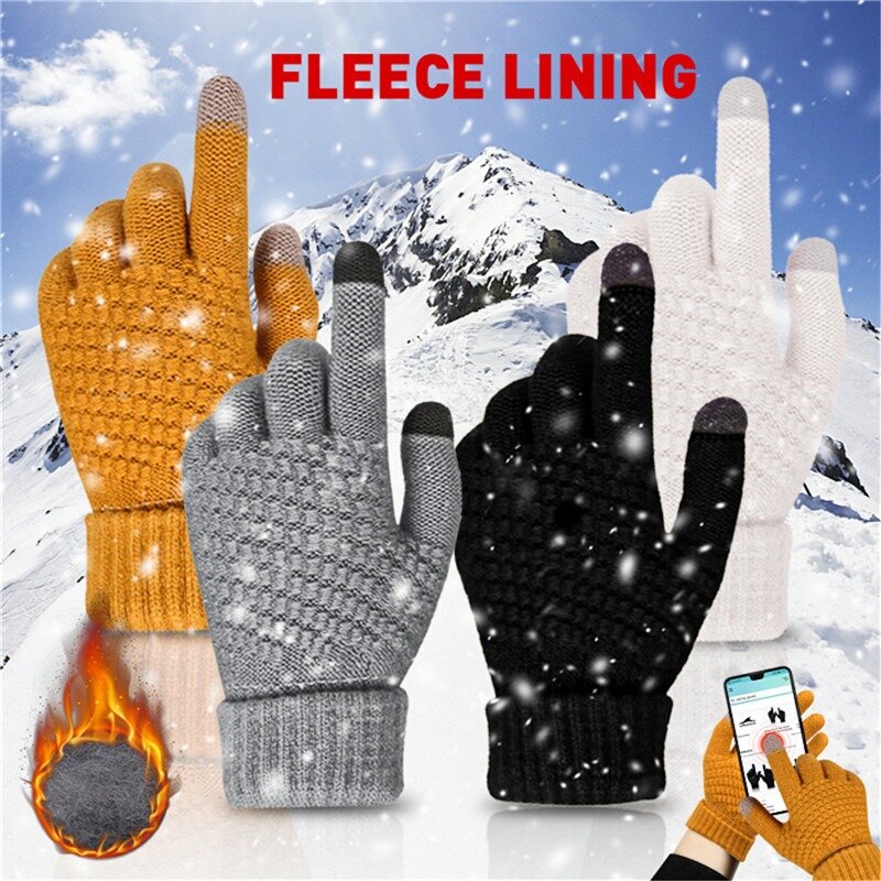 Guantes de punto cálidos de lana para hombre y mujer, manoplas de dedo completo con pantalla táctil para teléfono móvil, de ganchillo, para invierno