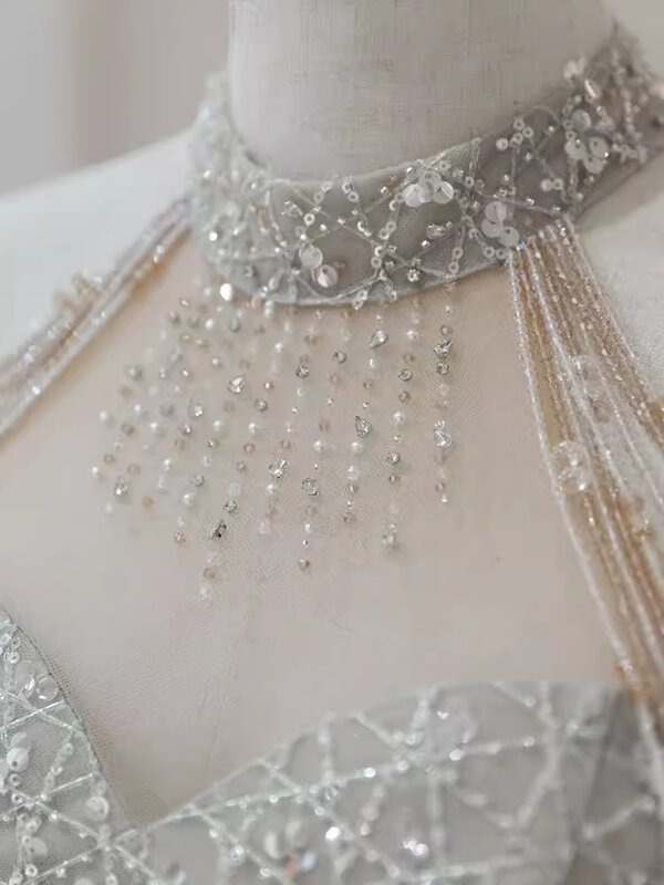 Gaun malam Formal dengan manik-manik gambar asli Arab Saudi korset leher tinggi gaun pesta acara khusus Panjang A Line Vestidos pesta Prom