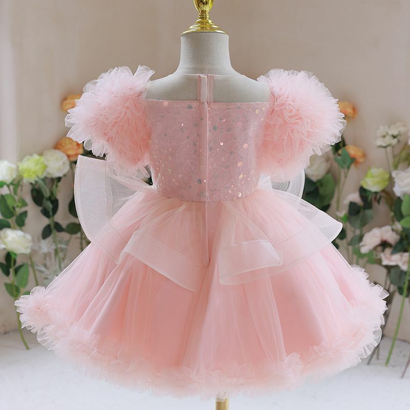 2024 ragazze vestono estate rosa elegante principessa vestito da partito bambini fiocco pizzo festa di compleanno fiore abito da ballo vestiti 3 4 5 6 7 8 anni