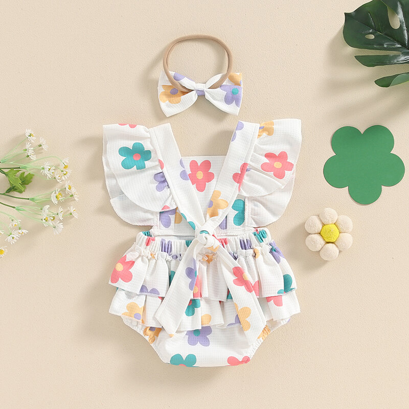 Комбинезон для новорожденных девочек 0-18 месяцев, одежда с цветочным принтом, клубничным рукавом и лентой для волос, летняя одежда
