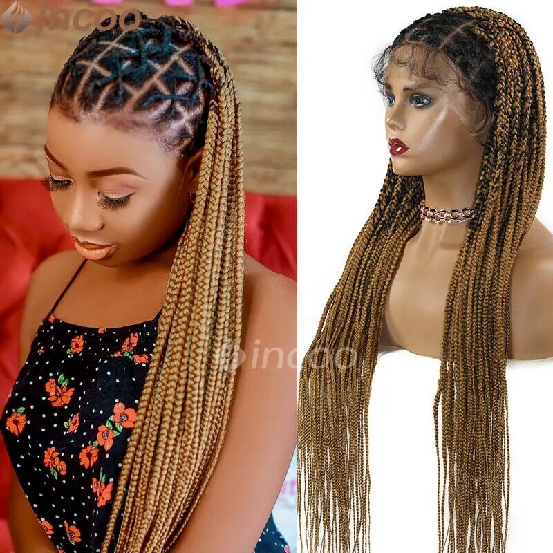 Ombre Knotless Box Braid Frontal Wig Long Brown Full Lace Box Braid Wig With Baby Hair Synthetic Crisscross Knotless Braids Wigs