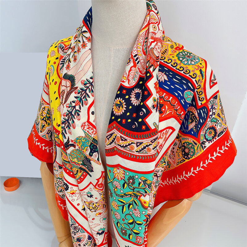 New Silk Cashmere Scarf Women Hand Rolled Shawls Warm Tassel Print Square Scarves Wraps Lady Bandana Big Hijabs Female Foulards