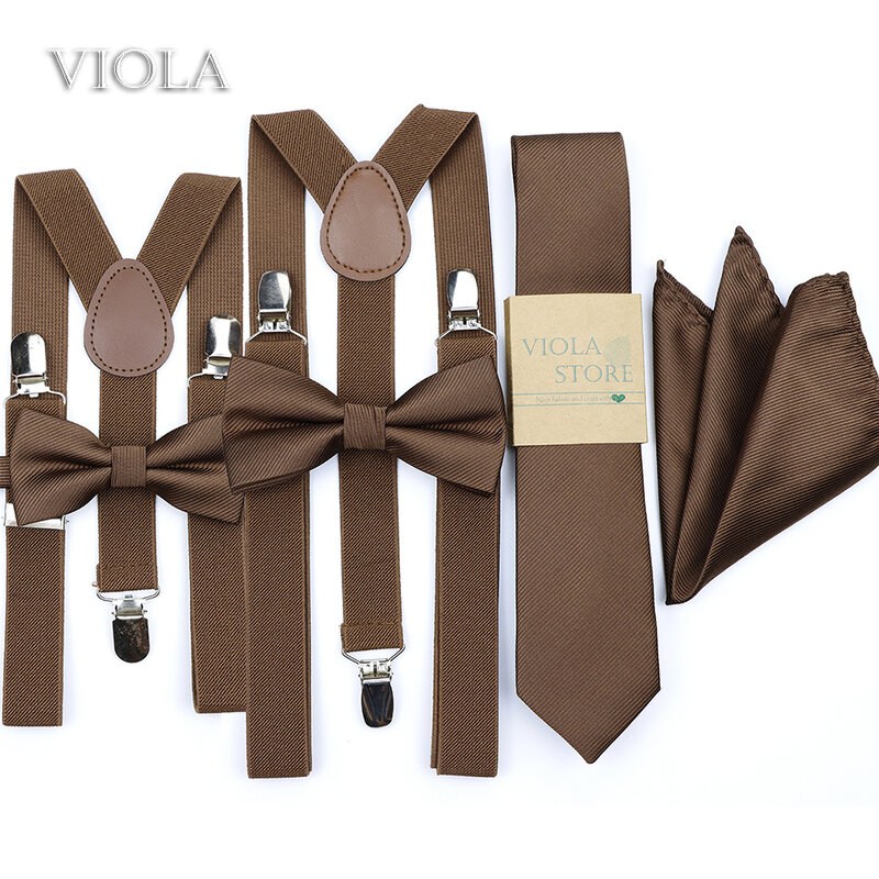 Hot ungu baru coklat padat 2.5cm Suspender 6cm dasi Hankie busur Set pria anak Cravat Brace tali dapat disesuaikan Aksesori pesta pernikahan