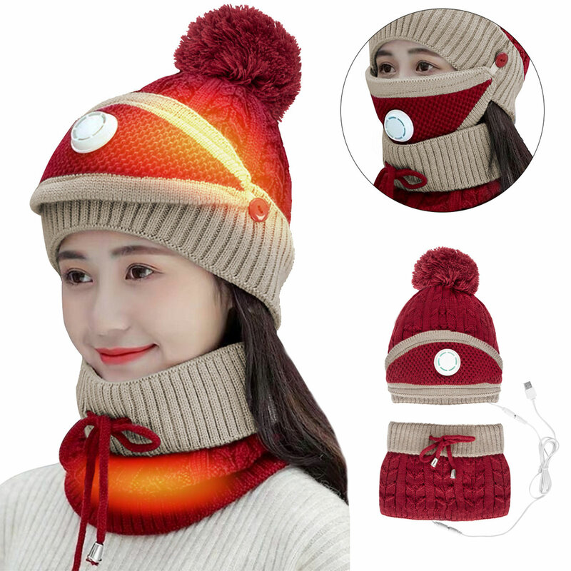 Conjunto de cachecol e máscara unissex USB aquecido, conjuntos de chapéus quentes, design de tricô macio, pesca ao ar livre, namoro, inverno