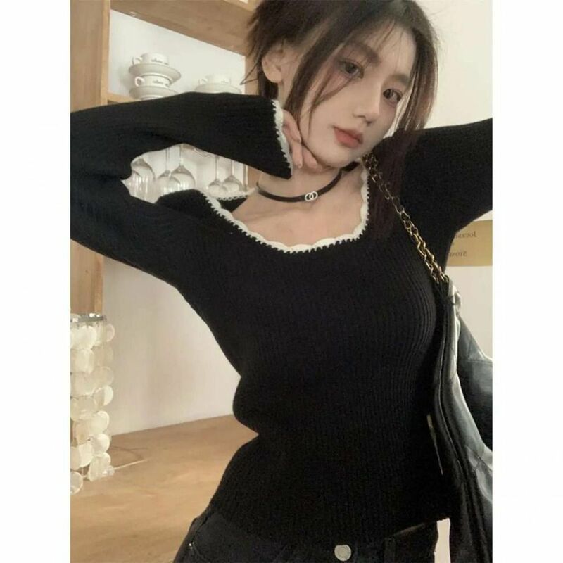 Solid Color Square Collar Shirt Elegant Square-cut Collar Long Sleeve Hanging Neck Polyester Retro Back Suspender Top Date