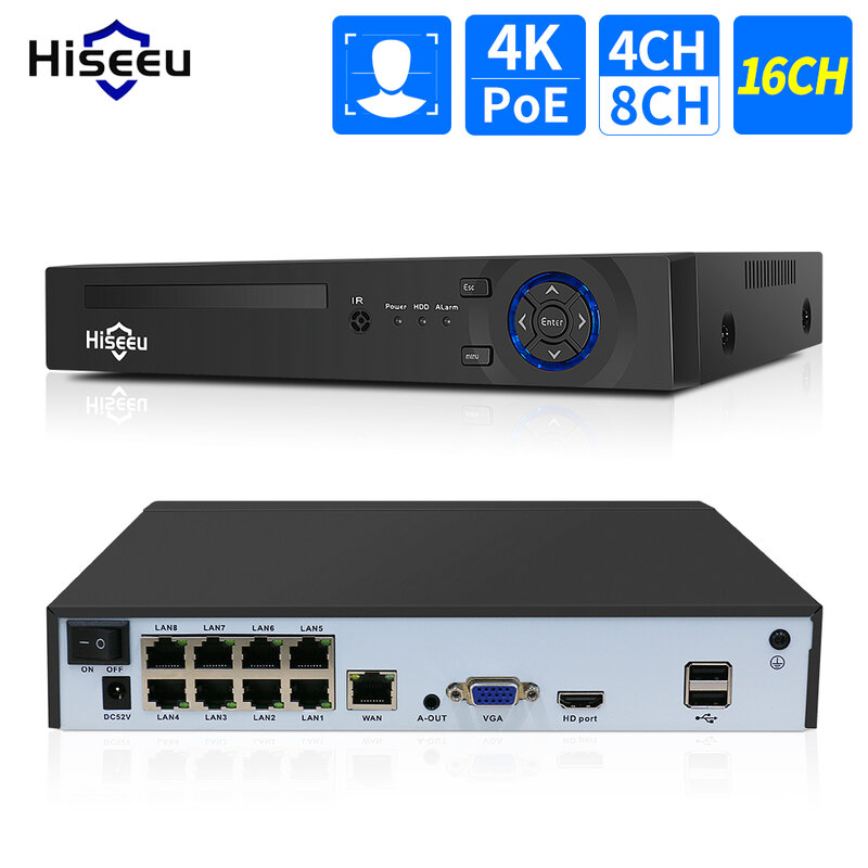 Видеорегистратор Hiseeu 8CH 4K POE NVR для камеры видеонаблюдения HD 3MP 4MP 5MP 8MP IP H.265 распознавание лица 48 В ONVIF XMEye система видеонаблюдения