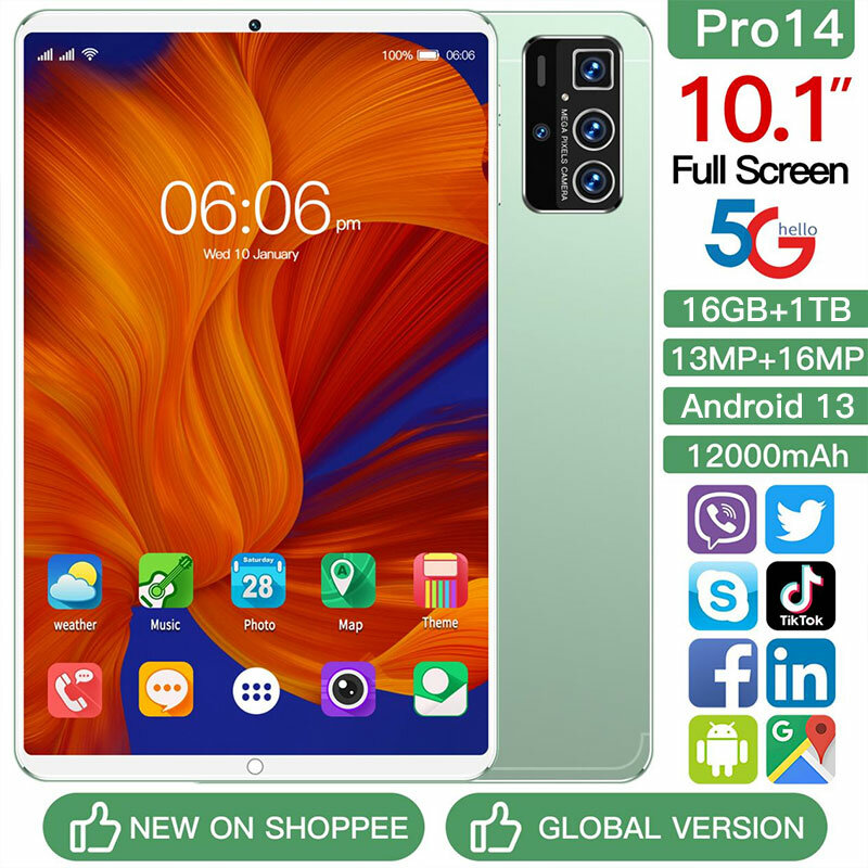 Tablet PC Versão Global Original Pro 14, Android 13, Cartão Dual SIM, Tela HD, WiFi, GPS Mi Pad, 12000mAh, 16GB, 1TB, 5G, 2022