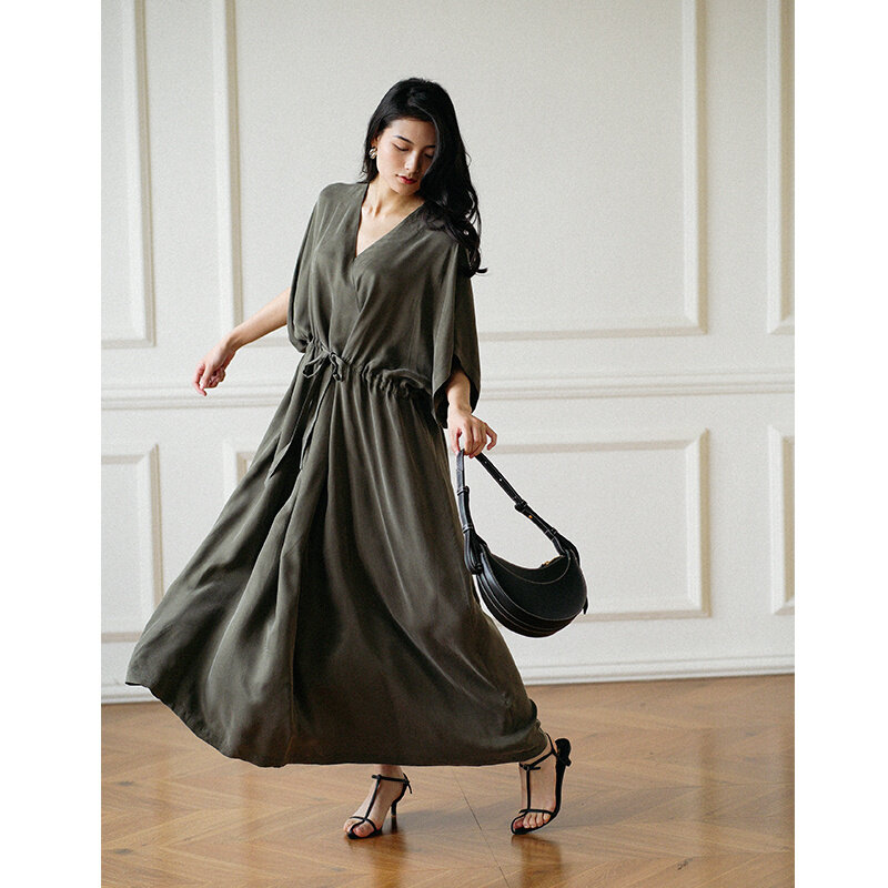 Xiaoqianwater-Vestido com cordão vneck feminino, cintura solta e fina, temperamento espanador, casual, verão