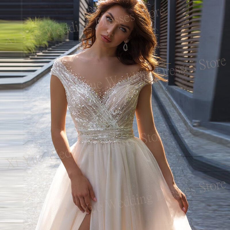 Платье Свадебное ТРАПЕЦИЕВИДНОЕ с V-образным вырезом, Тюлевое с 3D блестками, с открытой спиной, без рукавов, со шлейфом