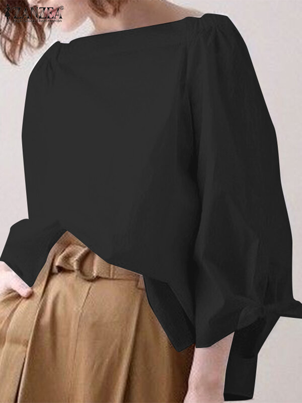 ZANZEA-Blusa informal de Color liso para Mujer, camisa de fiesta de manga 3/4, escote de una pieza, Tops elegantes para vacaciones