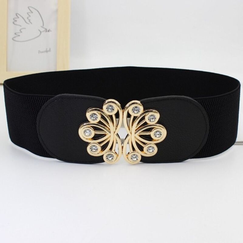 Cintura de strass confortável para mulheres, cinto preto elástico, cinto largo, fivela de metal, tamanho grande, elástico