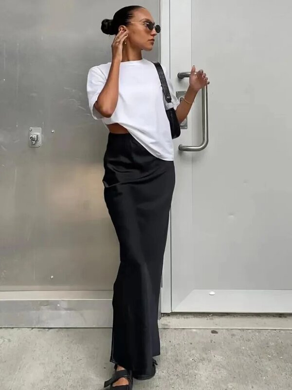 Femmes Noir Élégant Satin De Mode Mince Jupes Quatre Saisons Casual Taille Haute Club Bureau Maxi Jupe