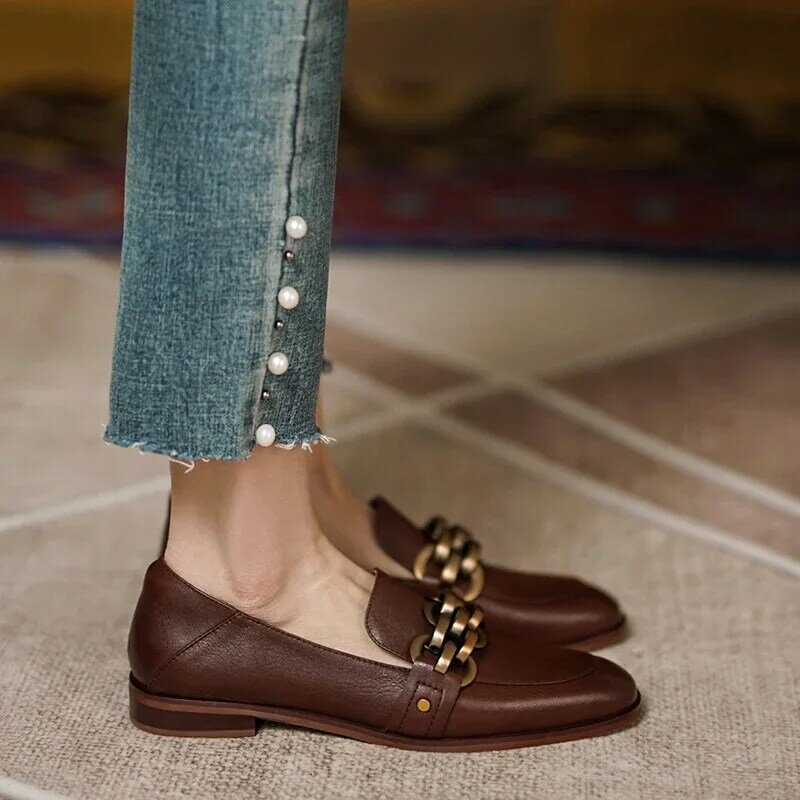2021ใหม่ผู้หญิง Loafers รองเท้าส้นสูงหนังแท้รอบ Toe Slip บน Loafers สุภาพสตรีสบายๆสบายๆฤดูใบไม้ผลิรองเท้า