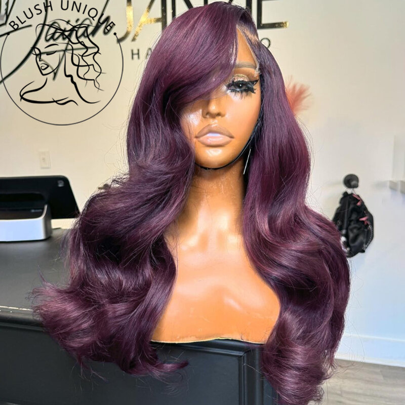 Wig renda depan gelombang bodycon gelap HD 13X4 Wig renda ungu dalam untuk wanita Wig tanpa lem kepadatan 180% Wig tahan panas