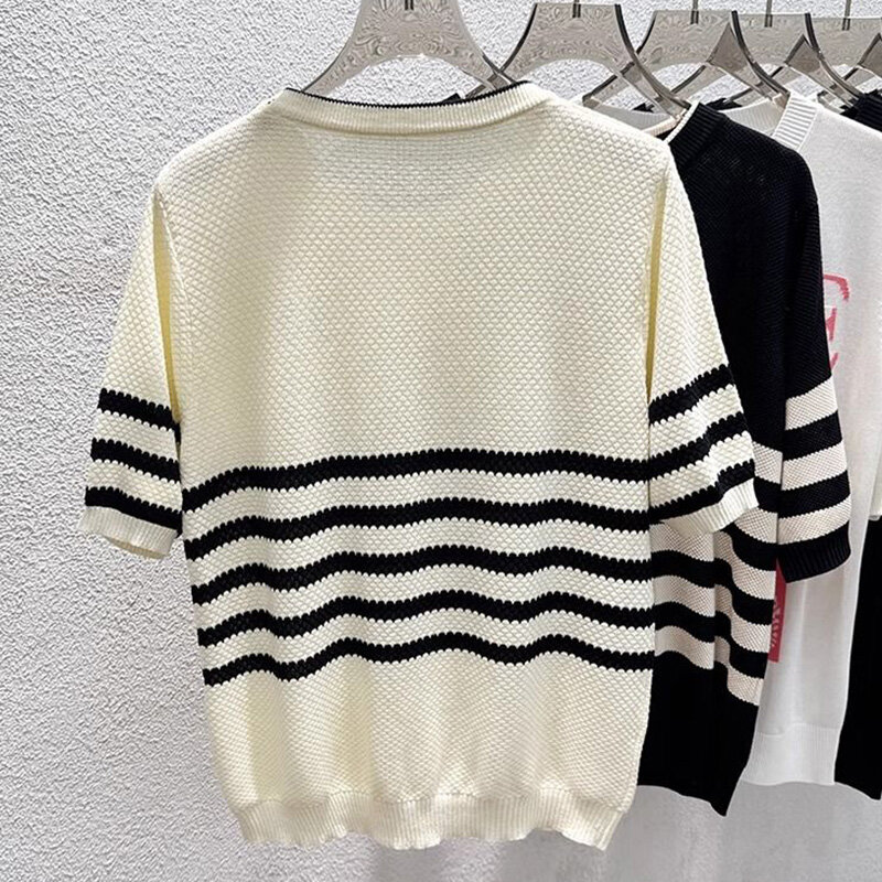 2024 New Summer Korean Style Retro Loose Casual Office Lady T-shirts for Women Striped Knitting O Neck Short Sleeve Chic Tops