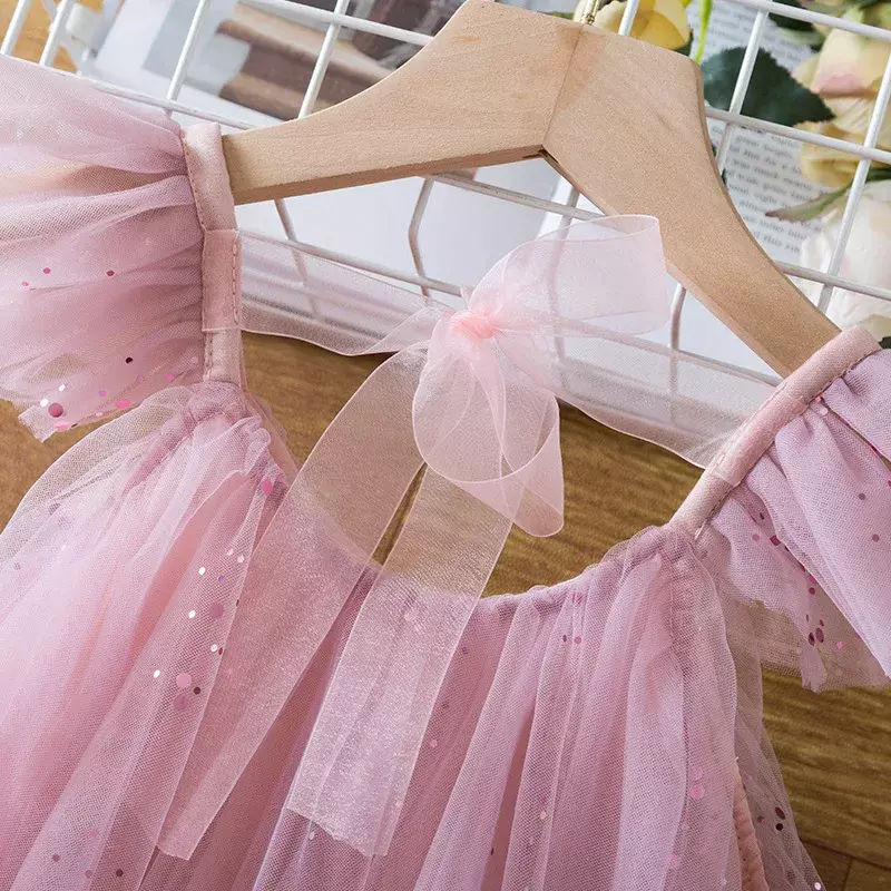 Letnia dziewczęca sukienka księżniczki śliczna siateczkowa włochata spódnica dla dzieci bez rękawów do kolan w kształcie sukienki na ślub