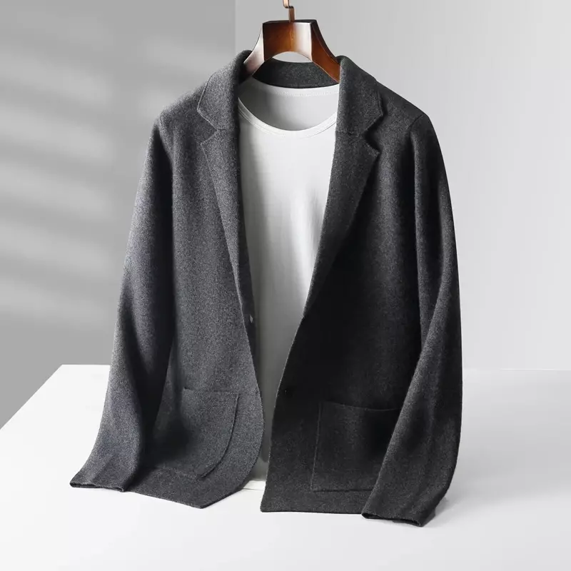 Кашемировый кардиган, мужской свитер с лацканами, повседневный деловой вязаный мужской кардиган с длинными рукавами, модель 100 свитер из чистой шерсти 2023, новое однотонное пальто