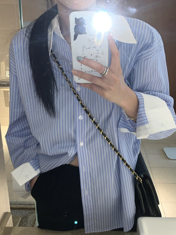 Blue and White Striped Contrast Color Shirt for Women 2023 Spring Summer Thin Special-Interest Design High-Grade French Styl