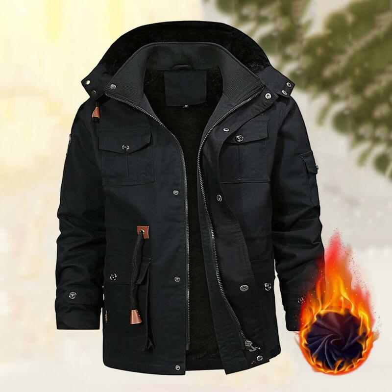Männer Winter einfarbig Jacken mantel abnehmbare Kapuze Stehkragen Langarm Fleece Futter Multi Taschen Reiß verschluss Knopfleiste Outwear