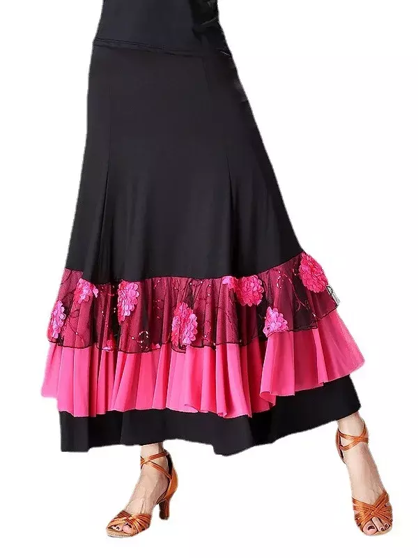 여성 플라멩코 볼룸 연습 원피스 스팽글 꽃 자수 프릴, 스페인 멋진 밸리 댄스 착용, 큰 날개 집시 무대 스커트