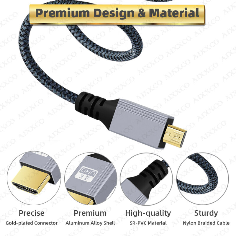 AIXXCO-Câble Micro HDMI Mâle vers Mâle pour Projecteur GoPro et Sony, Compatible 4K, 60Hz, 3D vers HDMI, 1m, 1.5m, 2m, 3m