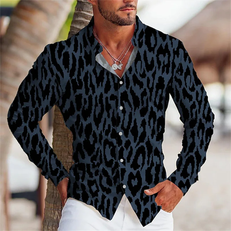 เสื้อคอปกมีกระดุมพิมพ์ลายเสือดาว3D เสือสัตว์เสื้อเชิ้ตผู้ชาย2024แนวสตรีทแฟชั่นแขนยาวผ้านิ่มสำหรับลำลองนักออกแบบ