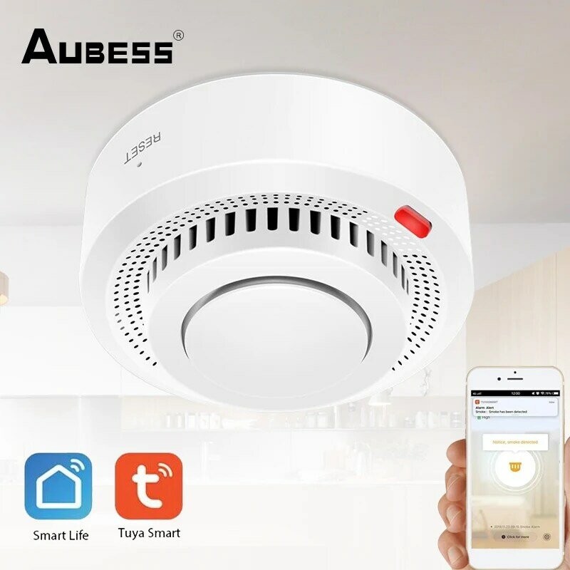Aubess tuya wi fi sensor de fumaça proteção contra incêndio início detector entrada fumaça combinação alarme incêndio segurança em casa