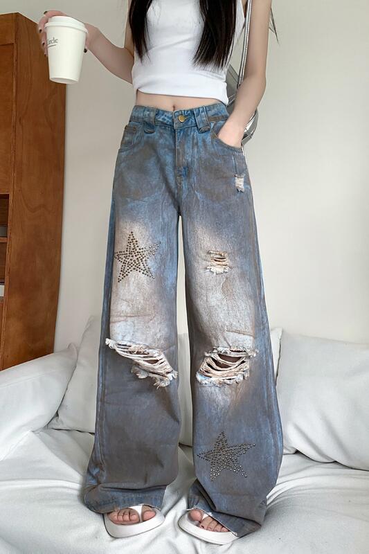 Pantalones vaqueros rasgados azules para mujer, Jeans holgados, Estilo Vintage Harajuku, de gran tamaño, estrella, Y2k, estilo japonés de los años 2000