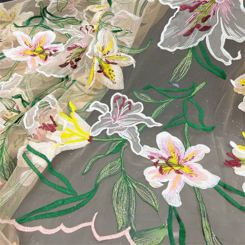 Tela de encaje de malla de tul, bordado Soluble en agua, vestido de flor de Lirio