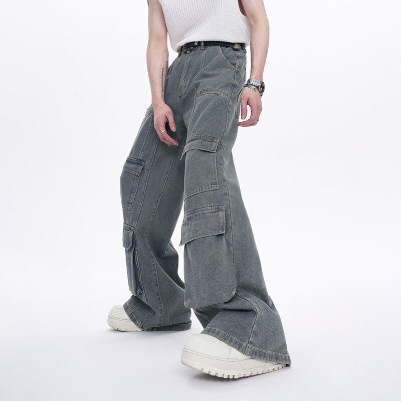 FEWQ-أحادية اللون فضفاضة متعددة الجيوب بنطلون كارجو للرجال ، جينز عالي الشارع ، بنطلون صيفي ، تصميم متخصص ، شخصية رائجة ، جديد ، 24X9096