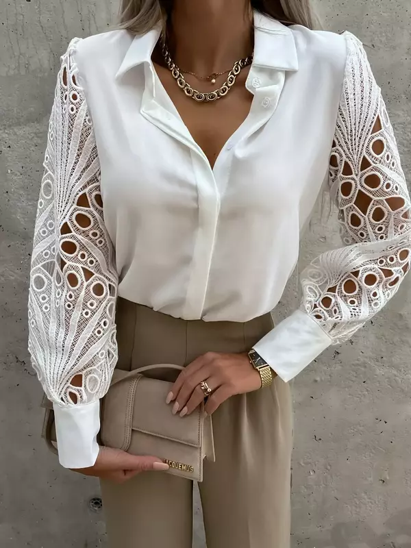2024 Damen Bluse weißes Hemd elegante V-Ausschnitt Spitze Ärmel aus geschnitten Patchwork Büro Frühling Sommer Pendler schwarze Tops S-XXL