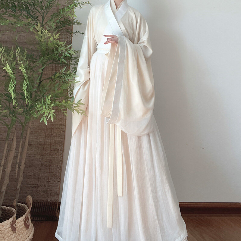 Gaun Panjang Hanfu Putih Kostum Tari Rakyat Kostum Cosplay Peri Nasional Tradisional Tiongkok Pakaian Panggung Putri Kuno
