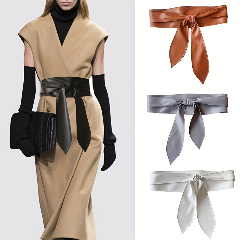 Cinturón ancho de cuero PU para mujer, abrigo con correas decorativas, cinturón anudado con lazo, elegante