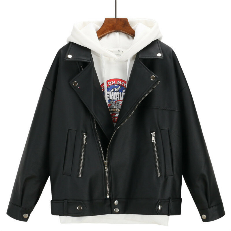 여성용 블랙 단색 한국 스타일 캐주얼 지퍼 코트, 플러스 코튼 인조 가죽 재킷, 턴다운 칼라 아우터, 가을 겨울