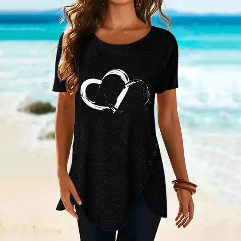 Camiseta de manga corta con estampado de corazón para mujer, Camiseta larga holgada informal, ropa de moda, ropa de calle