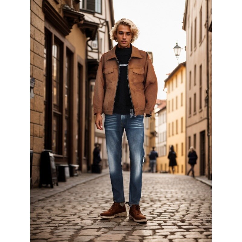 Jaqueta Crock com lapela com zíper para homens, material camurça de rua alta, jaqueta curta casual, vintage