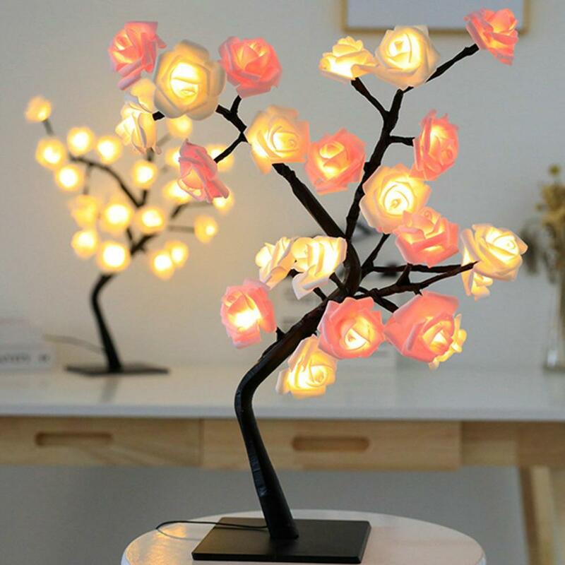 Lampu Pohon LED Pencahayaan Lembut Realistis Lampu Malam LED Dapat Dilepas Lampu Meja LED USB Mainan Lampu Pohon Bunga Mawar Pesta