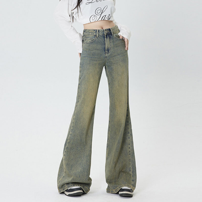 Синие джинсы-клеш в уличном стиле женские винтажные брюки с высокой талией в американском стиле шикарные джинсовые брюки высокого качества