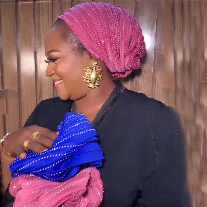 Turban Plissé en Diamants pour Femme Africaine, Écharpe de Sauna Musulmane Nigériane