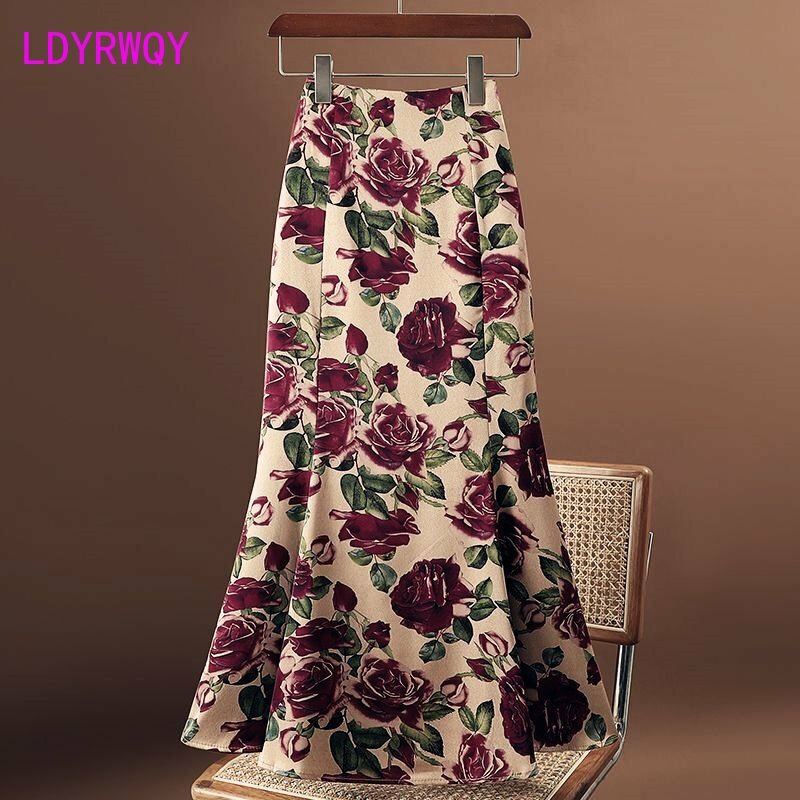 Retro Rose Fish Tail Half Skirt Women's Summer High Waist Slim Fit Slim Fragmented Flower Mid length Wrap Arm Skirt