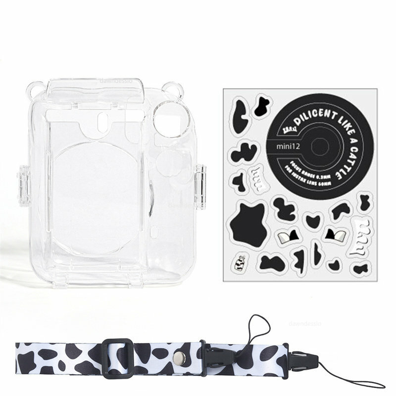 Funda protectora transparente para Instax Mini 12, bolsa de almacenamiento de fotos, carcasa de cristal, correa, juegos de pegatinas de cuerda