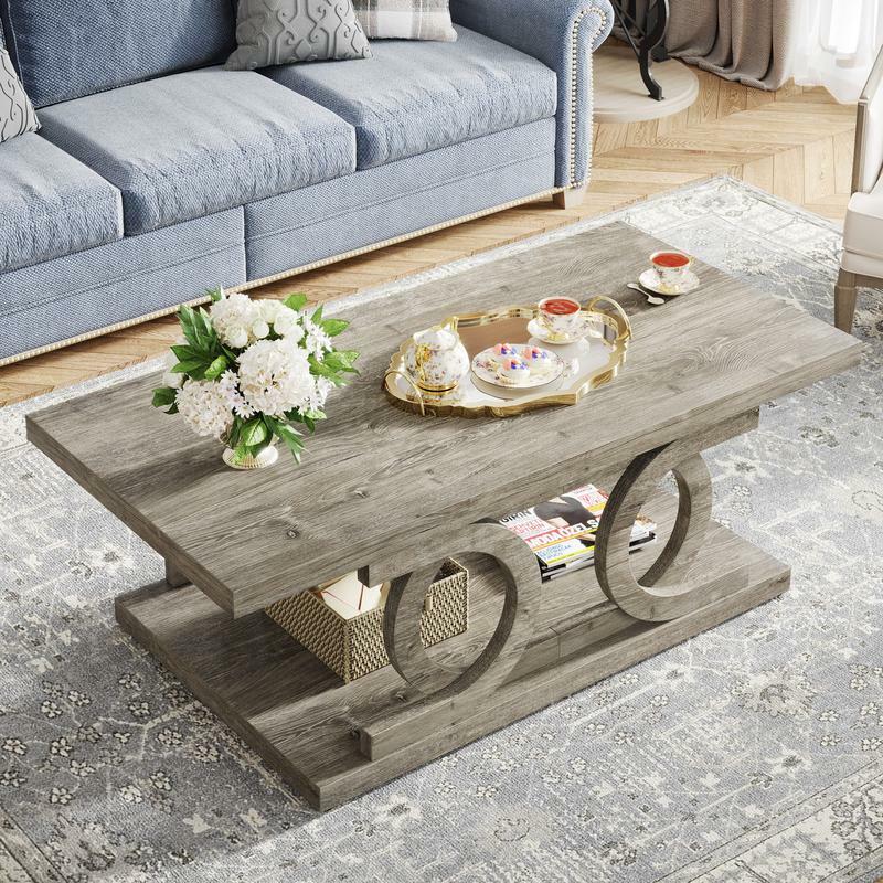 Coffee Table, 47" Rustic Wood Coffee Table with Storage Shelf for Living Room, 2-Tier Large Rectangle Cocktail Table