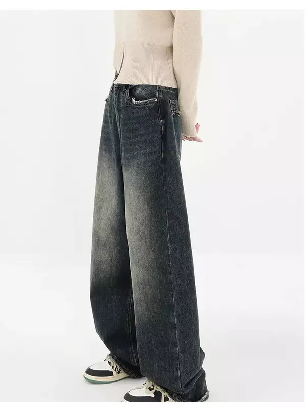 Calça jeans retrô de cintura alta feminina, Harajuku Streetwear, moda outono, perna larga, calça jeans reta solta, calça larga, Y2K